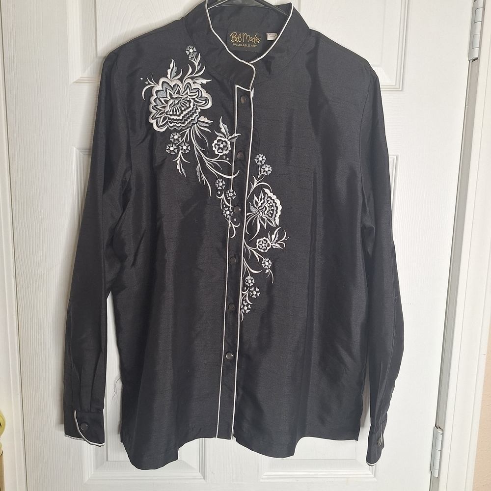 Bob Mackie Black Button-Down Shirt with White Floral Embroidery